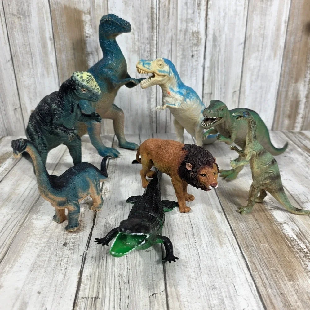 Vintage Style Dinosaur and Wild Animal Toy Figure Lot T-Rex Lion Crocodile 8pc